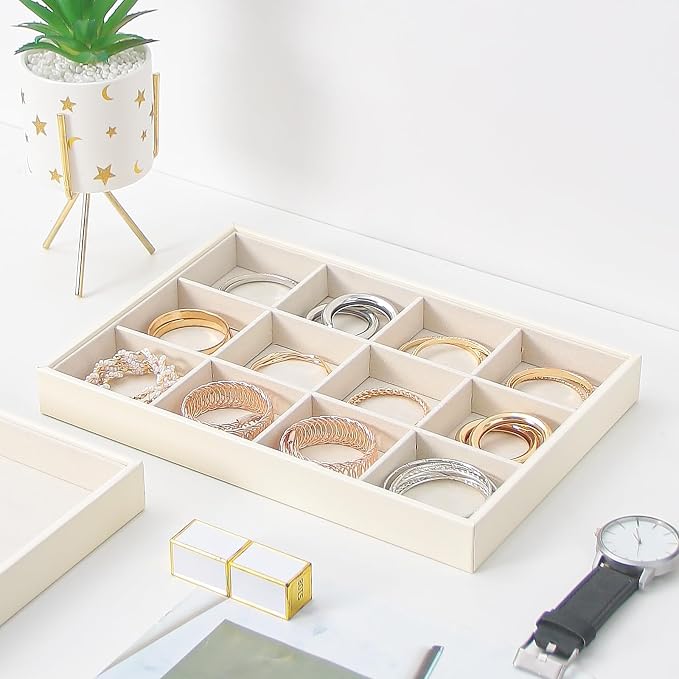 Stackable Jewelry Organizer Tray For Drawers,White Leather Small Earring Storage Tray,Bracelet And Necklace Display Box,Jewelry Ring Display Case (12 Grids)