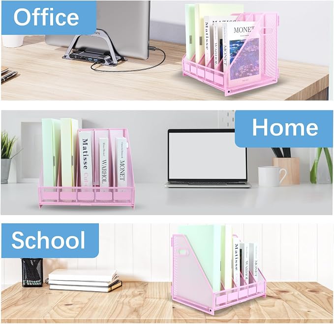 Desk Organizers Metal Magazine File Holder Racks Desktop Folder Storage Binder Organiser Document Organization for Home Office & Classroom,5 Vertical Compartments-Pink
