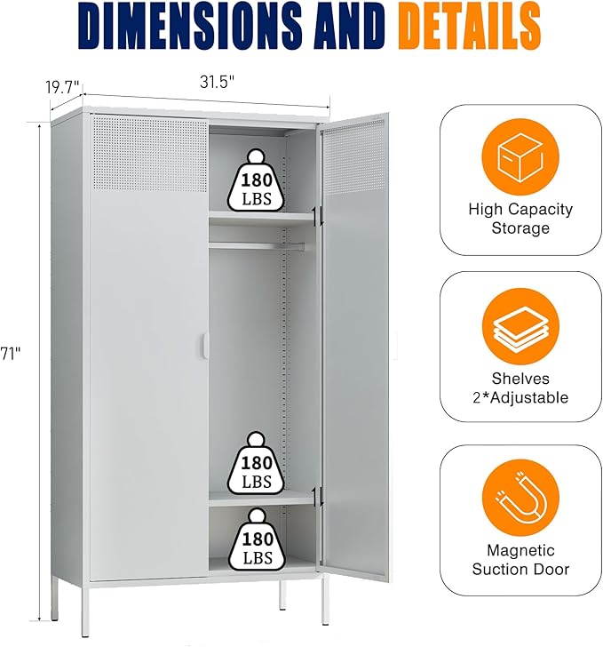 Washsemba Metal Storage Cabinets Locker with Hanging Rod and Adjustable Shelves, 71'' Clothing Steel Storage Wardrobe for Home & Office, School, Employee,Gym(White, 71''H-Wardrobe)