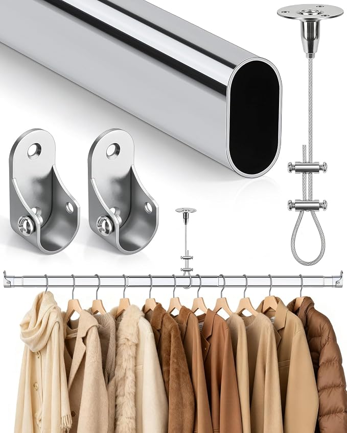 Premium Oval Closet Rod for Hanging Clothes 51"-70"- Heavy Duty, Length Adjustable, No-cut