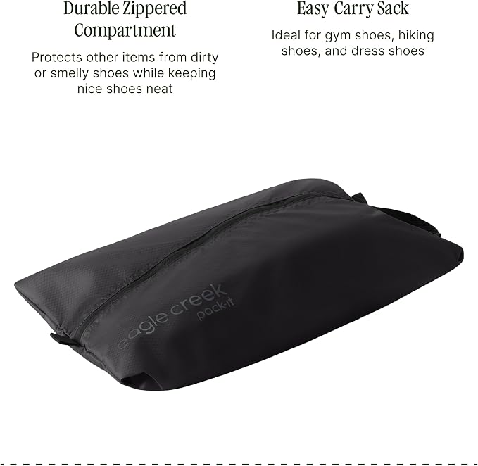 Eagle Creek Pack-It Isolate Shoe Sack - Breathable Shoe Sack for Travel - Lightweight & Portable - Washable - Water-Resistant - Easy-Grab Zipper - Top Handle - Black