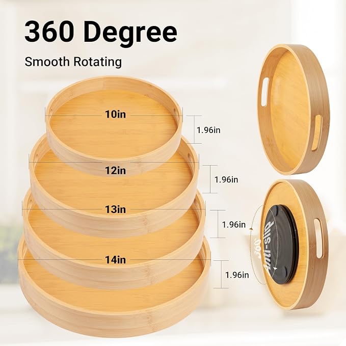 10in Bamboo Lazy Susan Organizer Turntable for Cabinet,Pantry&Table Top - Spin Storage Tray for Kitchen Countertop | Swivel Tray for Spice,Jars & Canisters