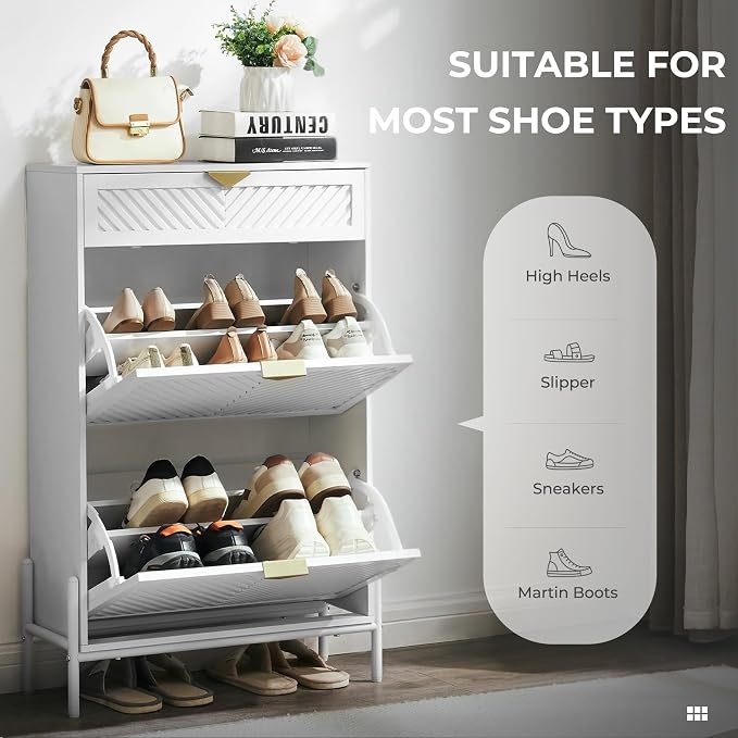 Shoe Cabinet with 2 Flip Drawers, Narrow Entryway Rack, White | Slanted Wood Grain, Freestanding, Adjustable Compartments, Removable Middle Shelf, Metal Handles, for Hallway Foyer Entrance