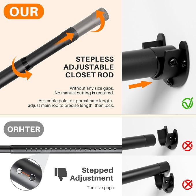 SUTINE Closet Rod for Hanging Clothes, 17 to 37 Inch Adjustable Closet Hanging Rod, Heavy Duty Clothes Hanging Rod Bar Black Metal Closet Poles with Threads for Wardrobes, Closet, Bathroom, Windows