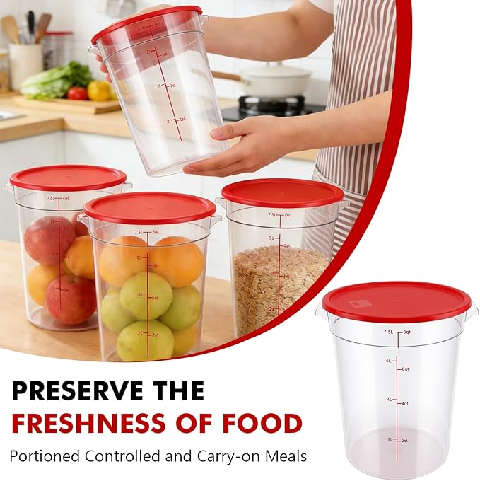 4-Pack Food Storage Containers with Lids,Round Plastic Containers for Kitchen, Food Grade, BPA-Free, Stackable, Clear Red Storage Buckets (Red, 7.5L)
