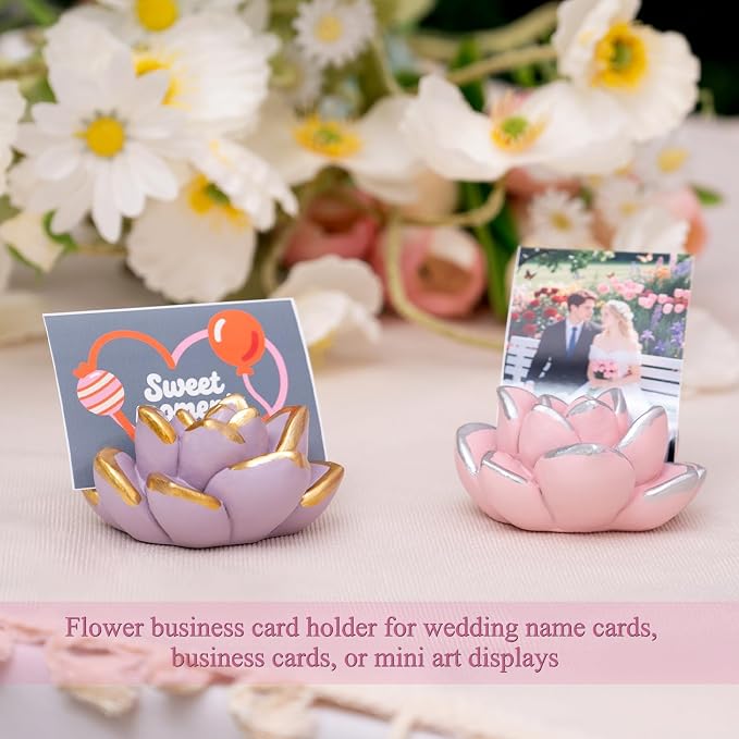 Resin Succulent Business Card Holder Set of 5 - White, Pink, Green, Purple, Yellow - Cute Card Display Stand for Store, Weddings and Office Desk Decor Accessories - Unique Gift for Women