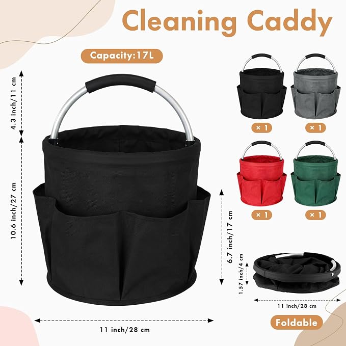 LemonRoad 4 Pack Cleaning Caddy with Handle 17L Foldable Cleaning Supplies Organizer Oxford Cloth Storage Basket with 6 Pockets Portable Multi Bucket Bag for Home Garden(Black,Dark Gray,Red,Green)