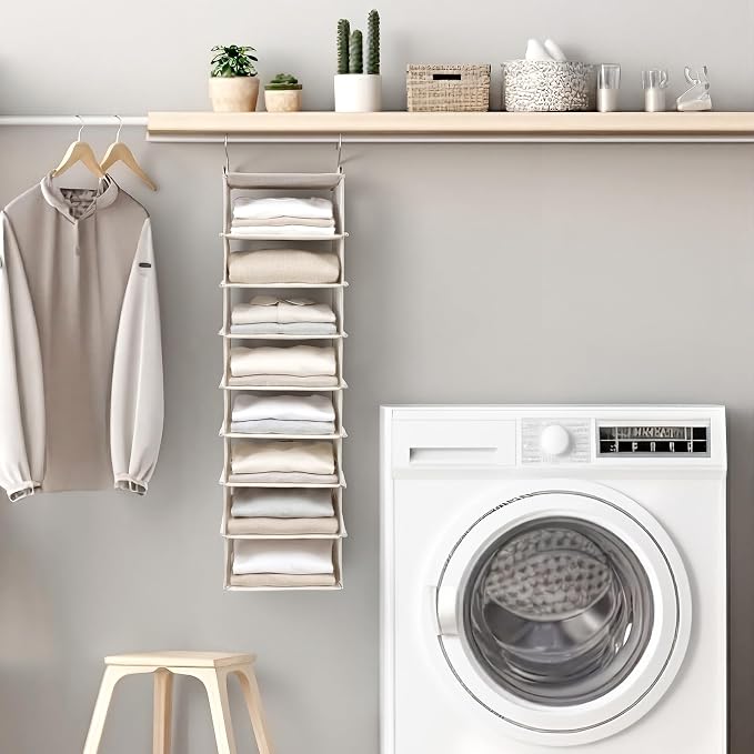 Tudomro 8 Shelf Hanging Closet Organizer Cotton Canvas Storage Shelves with Metal Hooks for Rod Wire Foldable Breathable Beige 28" L x 8" D x 11.5" H Closets for Sweaters and Clothing