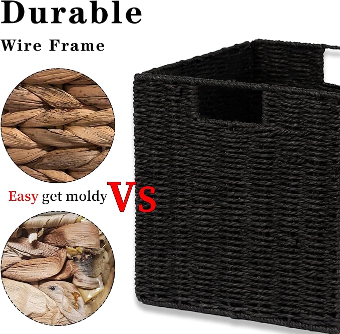 Vagusicc Storage Basket, Set of 2 Hand-Woven Storage Baskets for Organizing with Handles, Foldable Cube Storage Baskets Bins Organizer, 13 inch Large Wicker Baskets for Shelves & Decor, Black
