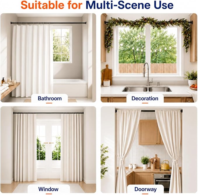 ALLZONE Heavy Duty Tension Shower Curtain Rod 42-83 Inches for Bathroom, Window, Non-Slip, Adjustable with Strong Spring Pole for Closet, Doorway, No Rust, No Drilling, Black