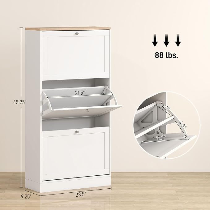 HOMCOM Shoe Storage Cabinet with 3 Flip Drawers, Adjustable Shelves, White | Wooden Freestanding Shoe Organizer, Narrow Design, Entryway, Hallway