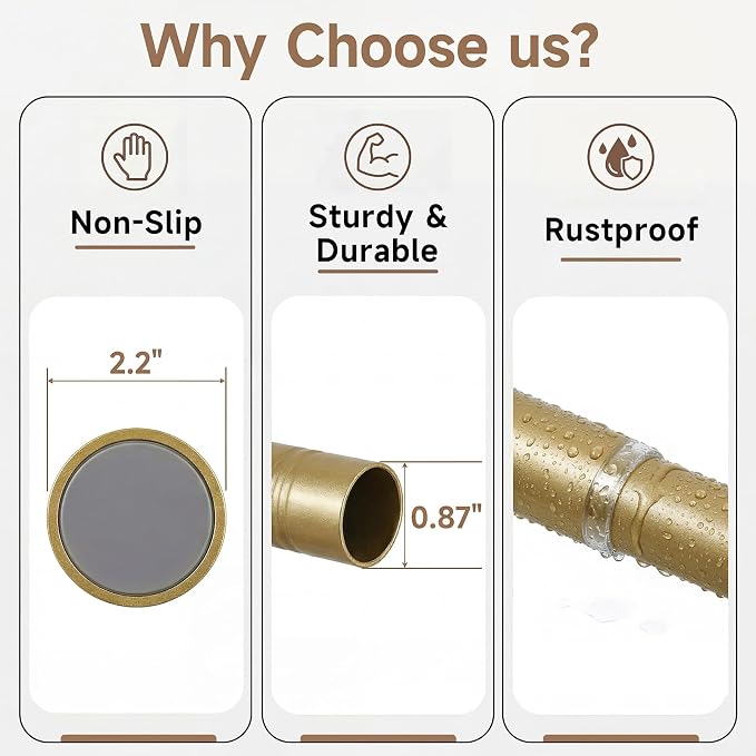 BRIOFOX Gold Tension Curtain Rod 24 to 64 Inch(2-5.3ft) - Stainless Steel Spring Tension Shower Curtain Rod, No Drilling Satin Gold Tension Rod for Curtains Windows Closet Kitchen