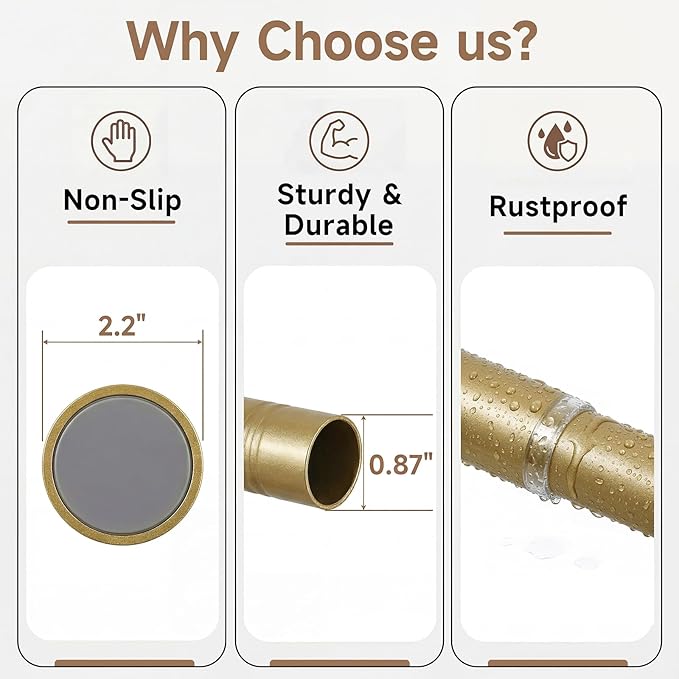BRIOFOX Gold Tension Curtain Rod 24 to 110 Inch(2-9.1ft) - Stainless Steel Spring Tension Shower Curtain Rod, No Drilling Satin Gold Tension Rod for Curtains or Windows