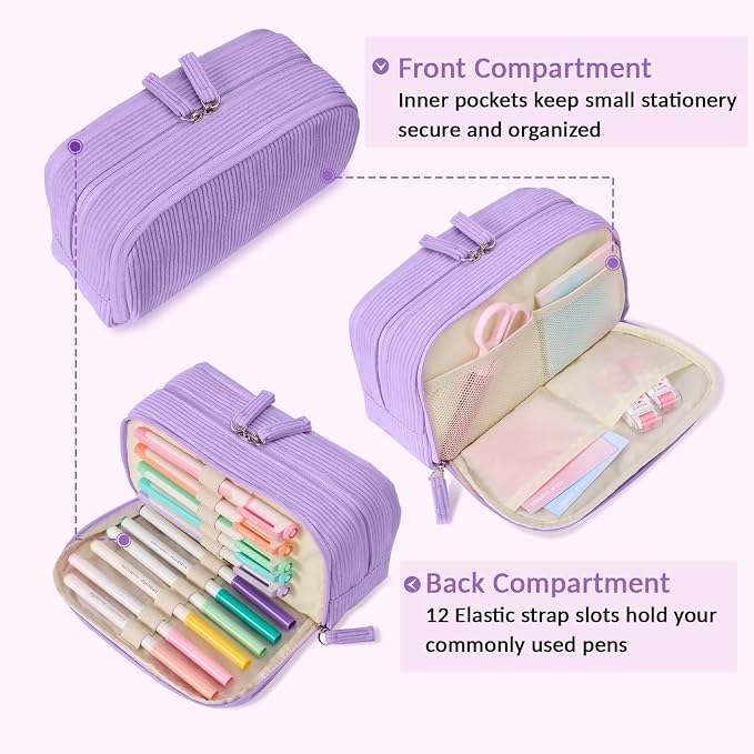Sooez Big Capacity Pencil Case Pen Pouch, Soft Corduroy Pencil Bag with 3 Compartment, Multiple Pockets, Sturdy Zipper, Cute School Supplies Pen Bag Organizer For Teen Girls College, Purple