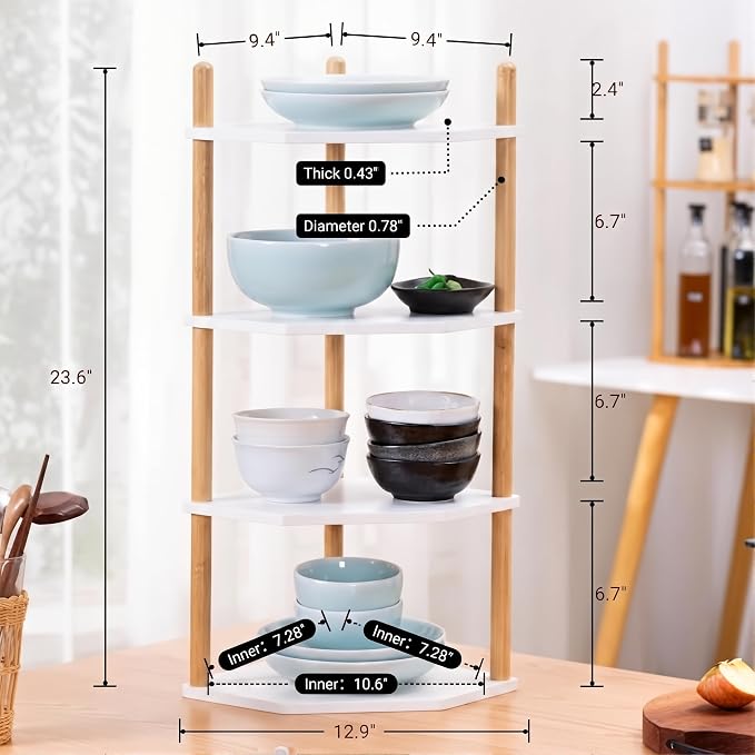 4-Tier Expandable Bamboo Corner Shelf - Dish/Plate Organizer for Cabinet, Kitchen Counter Shelf & Small Kitchen Shelf, Adjustable (White, 1-Pc 4-Tier)