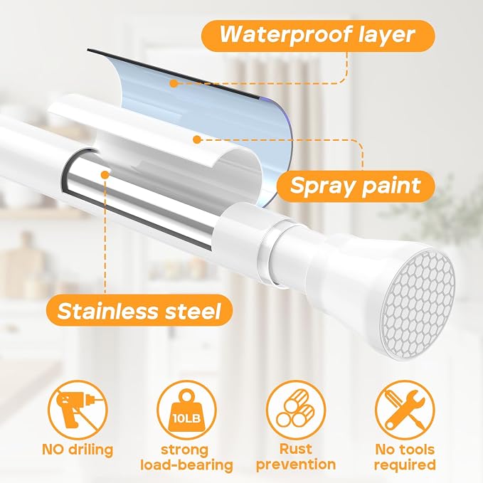 2PCS White Tension Rods for Windows 28 to 48 Inch,No Slip Tension Curtain Rod Adjustable Curtain Rods Spring Curtains Rod No Drill Spring Loaded Curtains Rods for Closet, Window, Doorway