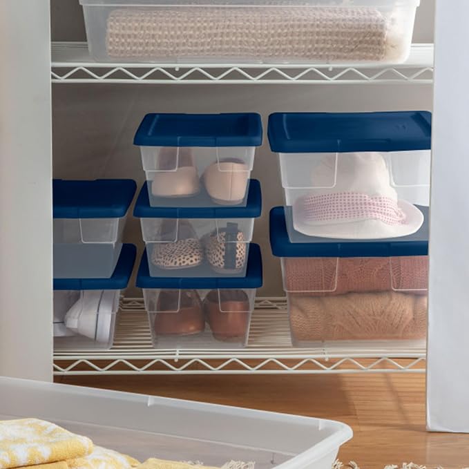 Sterilite Set of 30 Storage Boxes, Clear Plastic Stackable Containers, Lightweight Home Organizers with Snap Lids, 6 Quart, Marine Blue