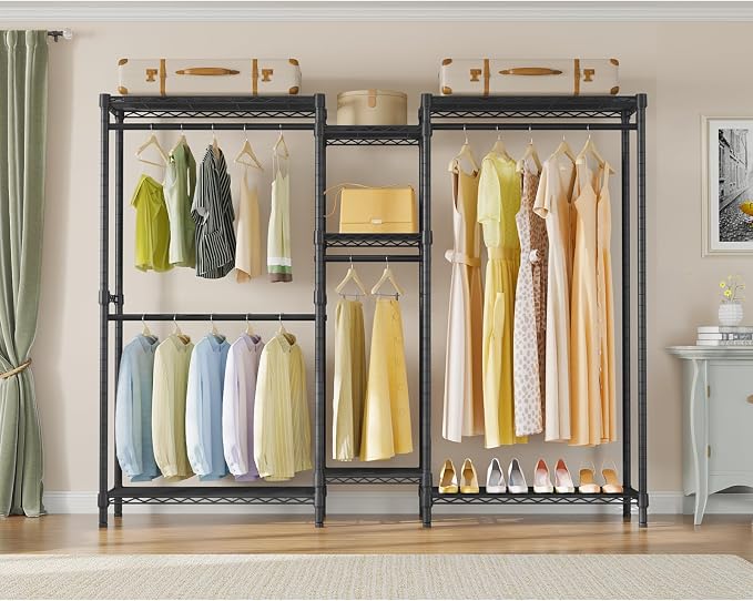 VIPEK Classic V6 Medium Heavy Duty Clothes Rack, 7-Tier Garment Rack with Adjustable Shelves, Portable Closet with 4 Hanging Rods, Space-Saving, 750lbs Capacity, 59.8" L x 14.6" W x 76.4" H, Black