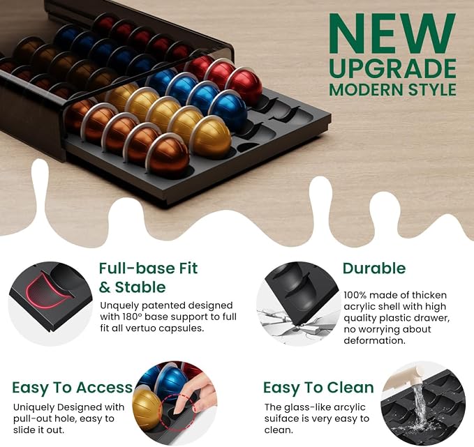 Storage Drawer for Nespresso Vertuo Coffee Pod Holder for Counter Acrylic Coffee Capsule Organizer - 40 Pods