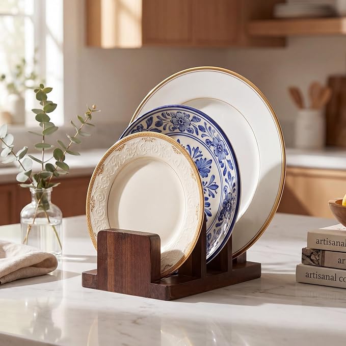 Mifoci 2 Pack Acacia Wood Cutting Board Holder, Kitchen Rack for Cutting Boards, Lids, Bakeware Storage, Countertop Pan & Tray Holder with 3 Slots, Plate Organizer for Cabinet, Baking Sheets