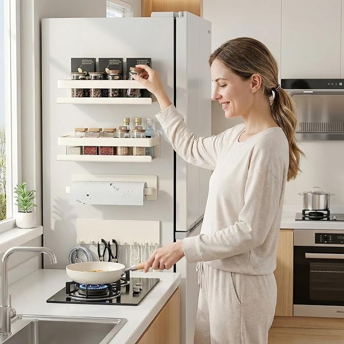Metal 4 Pack Magnetic Shelf Include Magnetic Spice Rack for Refrigerator,Magnetic Paper Towel Holder,Magnetic Hooks for refrigerator Space-saving design,Small Space Organization (white)