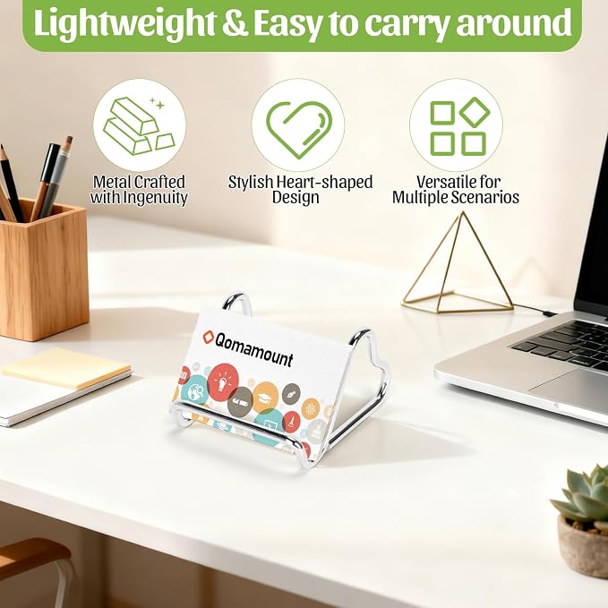 Qomamount Business Card Holder,Cute Heart-Shaped Metal Card Display Stand,Vertical Desktop Name Card Organizer,Small Phone Stand & Photo Holder for Office,Wedding,Reception,Exhibition(Silver)