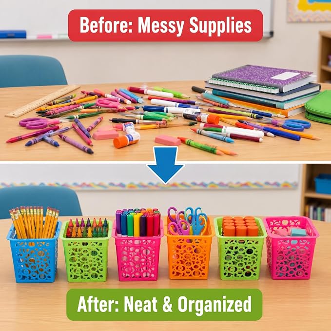 Chinco 12 Pcs Plastic Pencil Holder Cups for Classroom Desk, 4 Colors | 12-pack Plastic Pencil Holder Cups, Classroom Desk Organizer, Teacher Supplies, Markers Crayons Erasers, 4 Bright Colors