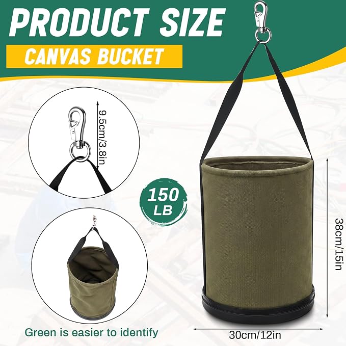 2 Pack Canvas Bucket 15" x 12" Heavy Duty Lineman Tool Bag with Plastic Bottom & Metal Hook Electrician Tool Organizer for Jobsite Use, Load Rated up to 150 Pounds (Army Green)