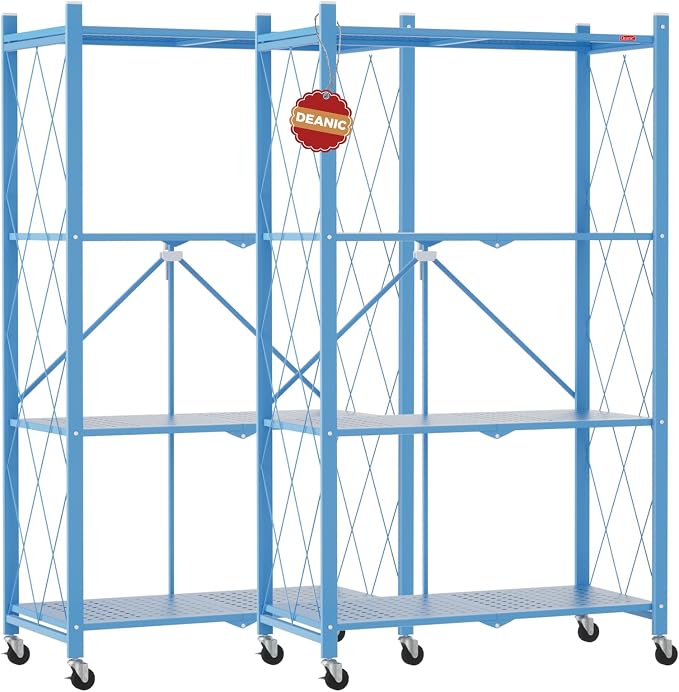 DEANIC 4 Tier Foldable Storage Shelves with Wheels, Large Capacity Shelving Unit, Freestanding Metal Wire Shelf Rack, No Assembly Organizer Rack for Garage Kitchen, Basement, Pantry(Blue Pack of 2)