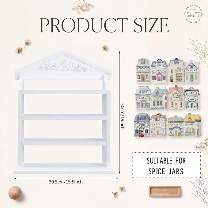 Chunful Vintage Spice Jar Wooden Rack with 4 Tier Hanging Spice Rack Wall Mounting Kitchen Storage Village Style Display Shelf for 24 Jar, Christmas Wedding Bridal Gift, Shelf Only(Carving)