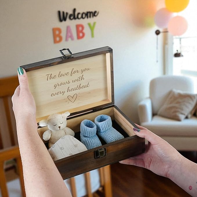 Engraved Baby Memory Box – Wooden Keepsake Box for Newborn Milestones, First Tooth, Hospital Bracelet – Medium Size – Dark Walnut Finish – 8.5 x 6 x 3 in