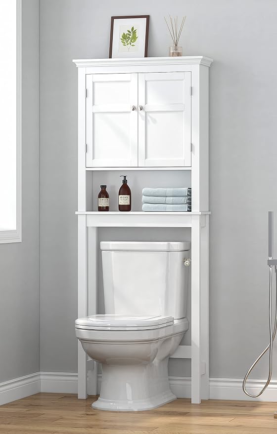 UTEX Over the Toilet Storage Cabinet with Doors and Adjustable Shelf, White | Open & Hidden Bathroom Storage, Anti-tip Bracket, Adjustable Lower Crossbar, 33-Inch Clearance, FSC-certified Engineered Wood
