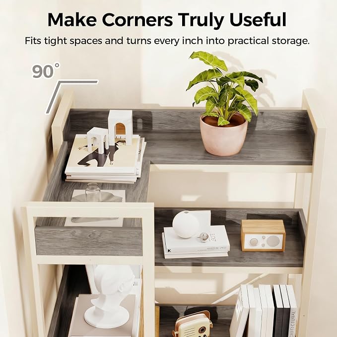GTPLAYER 5-Tier Corner Bookshelf, L-Shaped Metal Frame Shelf with Tall 14" Shelves, Plant Stand and Storage Rack for Small Spaces, Living Room and Home Office, Grey