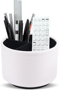 Round Leather Art Supply Organizer,Remote Control Holder,360 Degree Spinning,Multi-Functional Pencil Holder,4 Compartments Desktop Stationary Organizer(1-Lichee White)