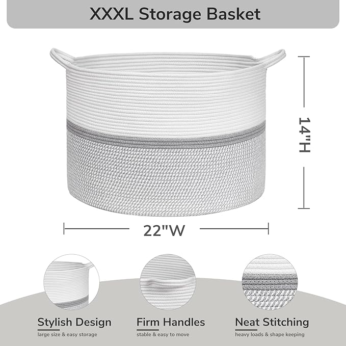 CHICVITA 85L Large Cotton Rope Blanket Basket with Handles, Grey | Woven storage basket for laundry, pillows, toys. Decorative for living room, bedroom, nursery, 22x22x14in