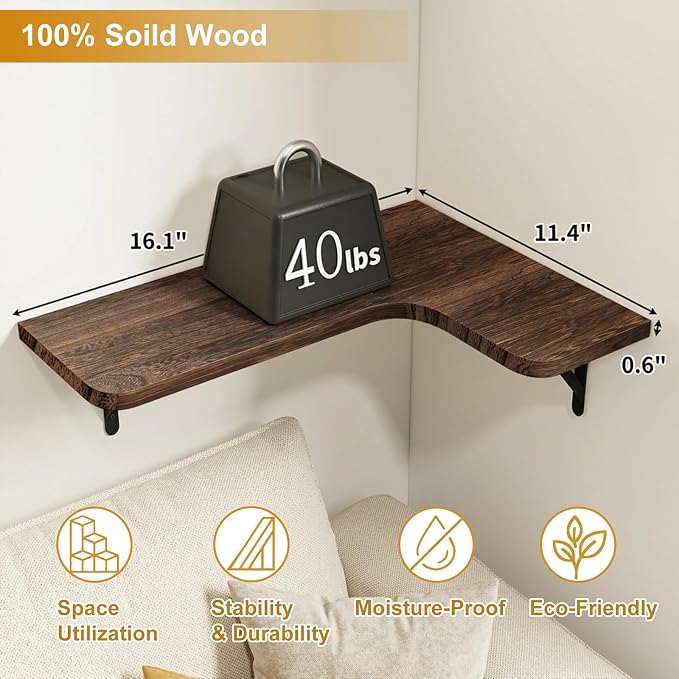 Fixwal Corner Floating Shelves for Wall Set of 5, Rustic Wood Wall Mounted Shelf for Bathroom, Kitchen, Bedroom, Home Decor, Laundry Room, Living Room (Dark Carbonized Black)