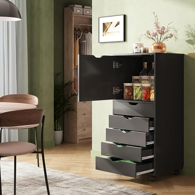 DEVAISE 5-Drawer Wood File Cabinet, Mobile Filing Cabinet with 1 Door, Wide Storage Space for Home Office, Black