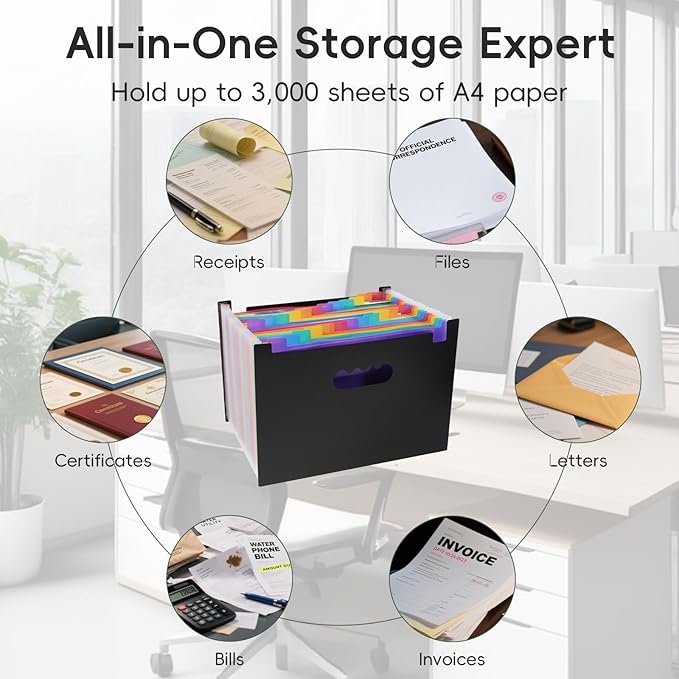 File Organizer Box with Folder, Accordion File Organizer 25 Pockets, File Folder Organizer with Lid for Home, Office, School, Black