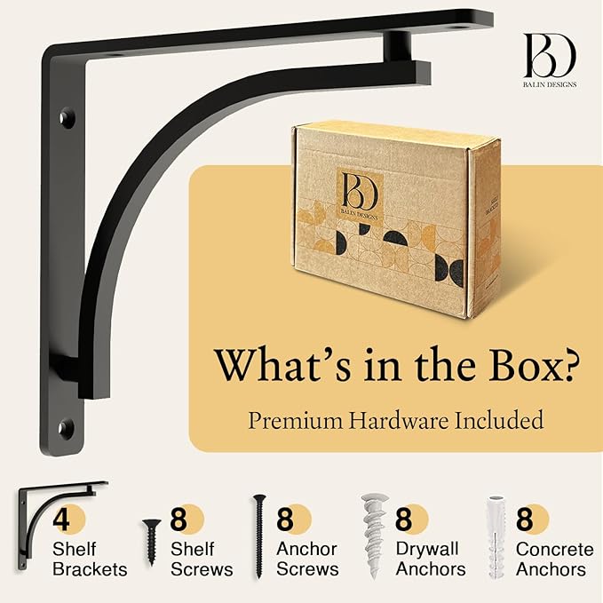 Classic Black Heavy Duty Shelf Brackets 8 inch by Balin Designs – L Bracket, Wall Mounted Support, Shelving Metal Bracket, Decorative Shelf Brackets, with Hardware Included, Set of 4