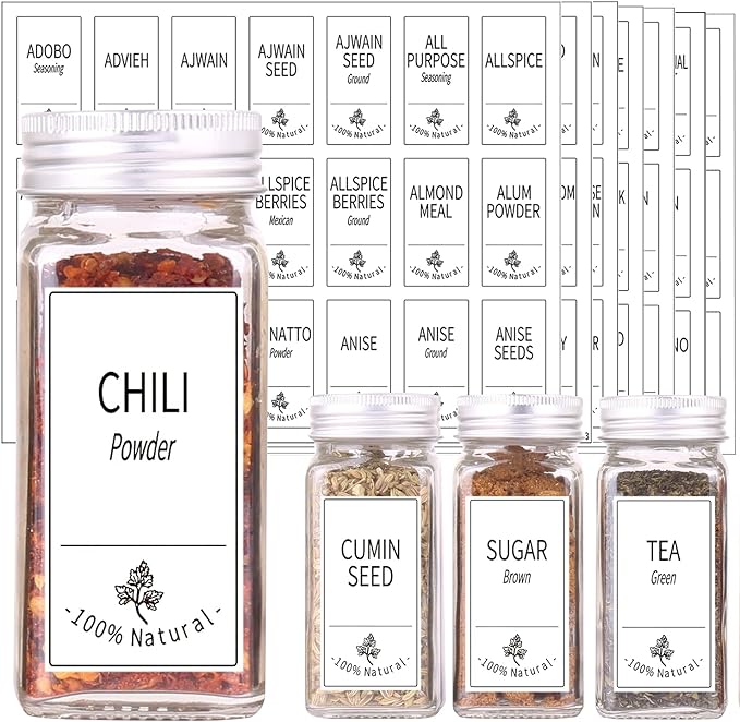 SWOMMOLY 48 Glass Spice Jars with Labels, 4oz Empty Spice Bottles with Lids | 48 Pcs Square Spice Containers with 806 White Spice Labels, Pour/sift Shaker Lid, Airtight Cap, Chalk Marker and Funnel