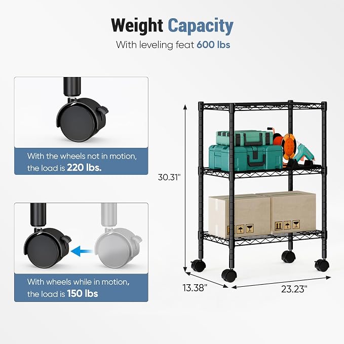 DUMOS 3-Tier Metal Storage Shelves, 23" W Wire Shelving Storage Rack with Lockable Wheels, Adjustable Shelving Unit, Standing Closet for Garage, Kitchen, Office, Living Room, 23" Wx13 Dx30 H