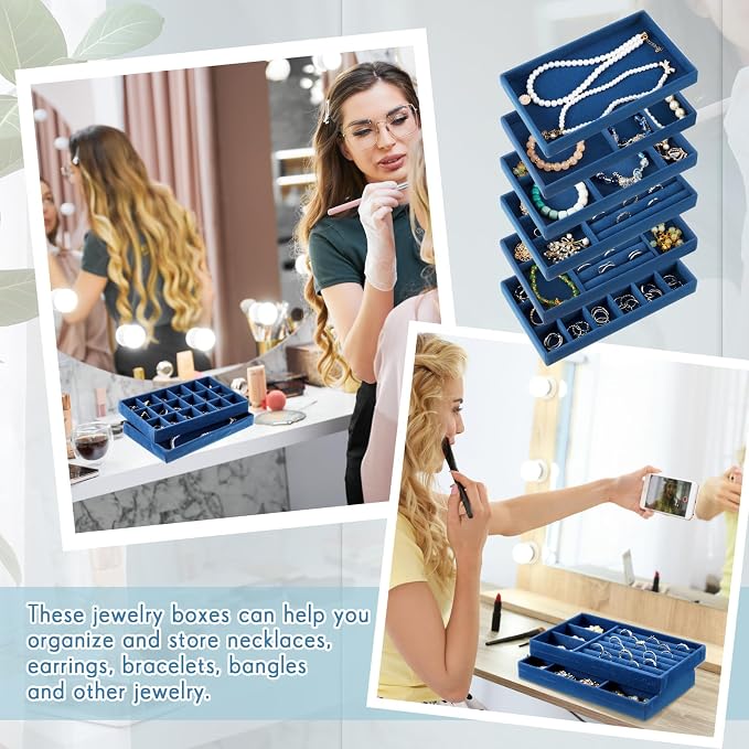Junkin 18 Pcs Jewelry Drawer Organizer Inserts, Stackable Jewelries Inserts for Dresser Drawers, Drawer Insert Organizers Velvet Jewelry Trays for Rings Earring Bangle Necklace(Peacock Blue)