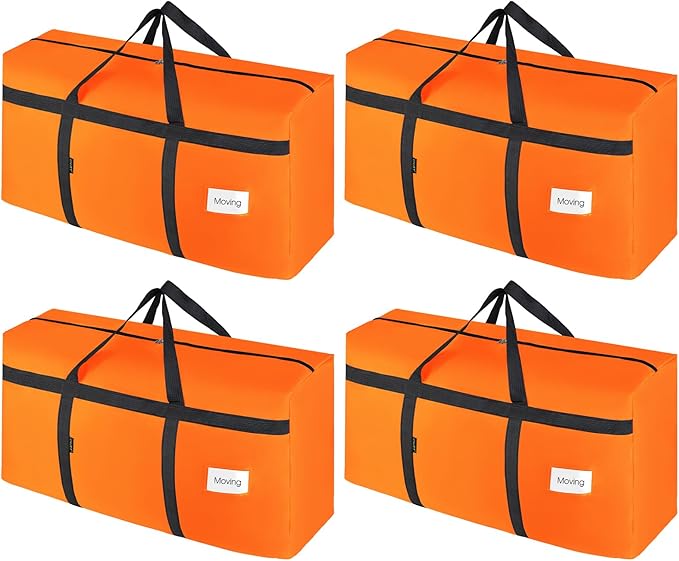 CIVJET 4 Pack Moving Bags Heavy Duty Extra Large 90L, College Packing Bags for Moving Clothes, Moving Supplies & Boxes with Zippers and Handles, Storage Bags Moving Totes Camping Essentials (Orange)
