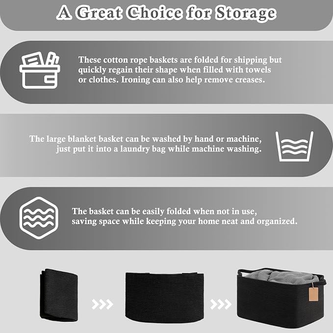 Goodpick Woven Storage Baskets for Organizing 22”x17”x12” Large Blanket Basket for Living Room Bedroom, Rectangle Nursery Baby Toy Storage Basket for Kids Boys, Black