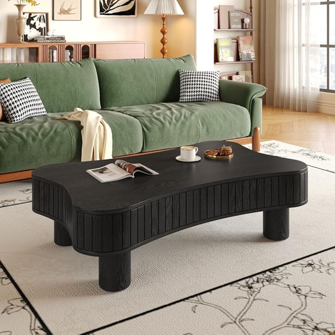 Lift Top Coffee Table with Hidden Storage Fluted Panel Silent Hydraulic Lift Curved Corners (Black)