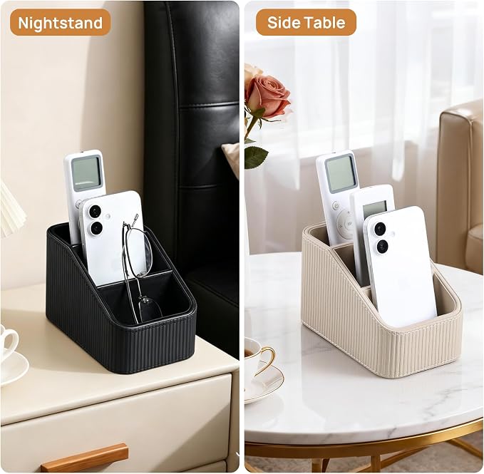 Remote Control Holder, PU Leather Nightstand Organizer, Beige | 3-compartment Remote Bedside Caddy, Soft Velvet Lining, Small Desk Organizer for Remote/Pen/Glasses/Phone