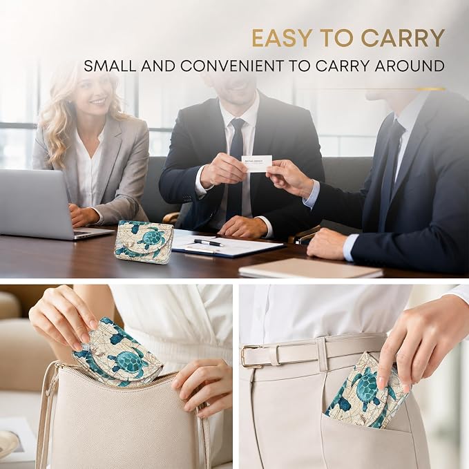 Business Card Holder，PU Leather Business Card Case Wallet Sea Turtle | Pocket Travel Name Card Case for Men and Women Gift，Portable Magnetic Business Card Carrier for Purse