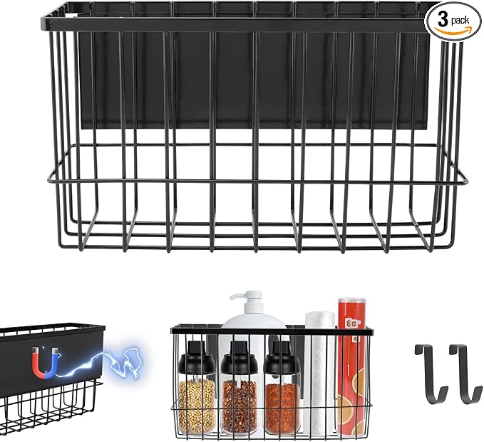 Magnetic Basket Organizers, Dryer Ball Holder Laundry Room Organization Whiteboard Metal Wire Basket with Hooks, Space-Saving Fridge Spice Rack for Sponge Recipe Wrap