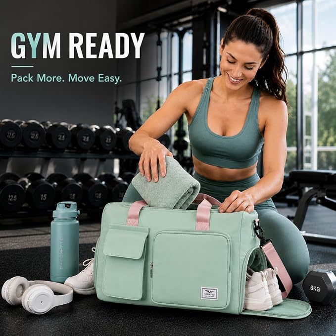 FIORETTO Women's Gym Duffle Bag with Shoes Compartment, 30L Capacity, Ideal for Travel, Gym, Sports, Duffel, Weekender