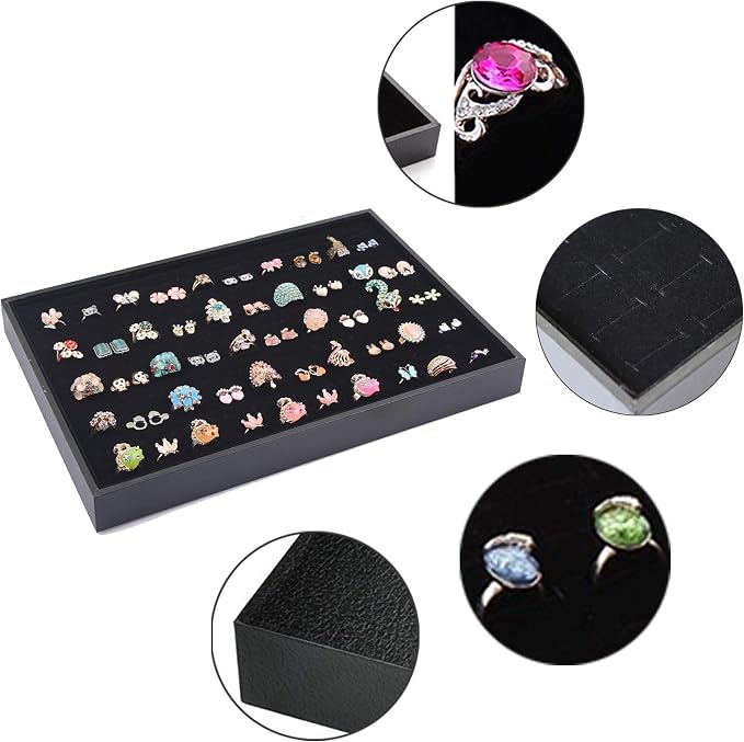Stratelife 100 Slots Ring Organizer Tray, Stackable Jewelry Storage Display for Drawer, Velvet Jewelry Holder Case for Ring Earring Stud, 13.8" x 9.4" x 1.2", Black